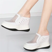 slip on fashion sneakers women genuine leather wedges high heel slippers female round toe platform pumps shoes punk oxfords shoe