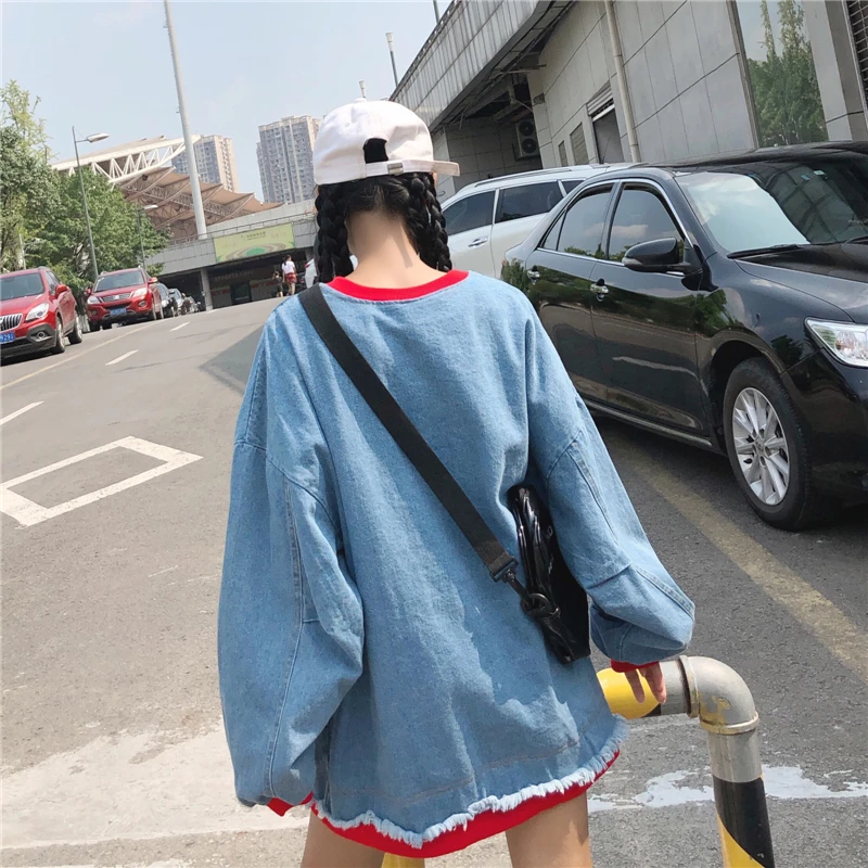 

Fake two pieces Harajuku style denim pullovers streetwear Korean plus size hoodies women fashion brand bf sweatshirt autumn new