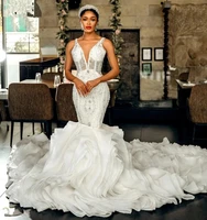tiered skirts mermaid wedding gowns 2022 v neck lace appliqued beading plus size bridal dresses vestido de noiva