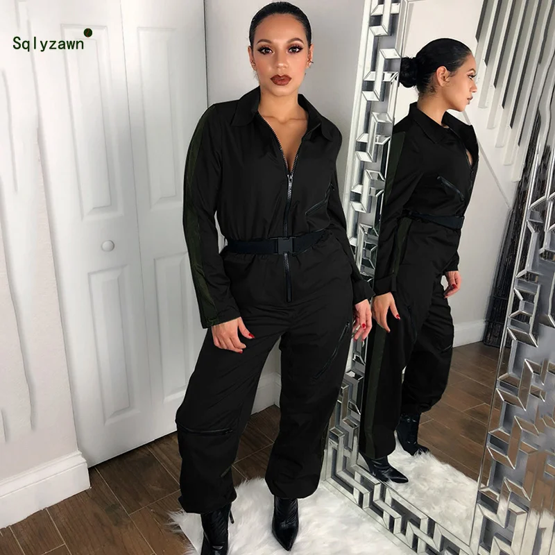 Женский Облегающий комбинезон на молнии с длинным рукавом и поясом уличная