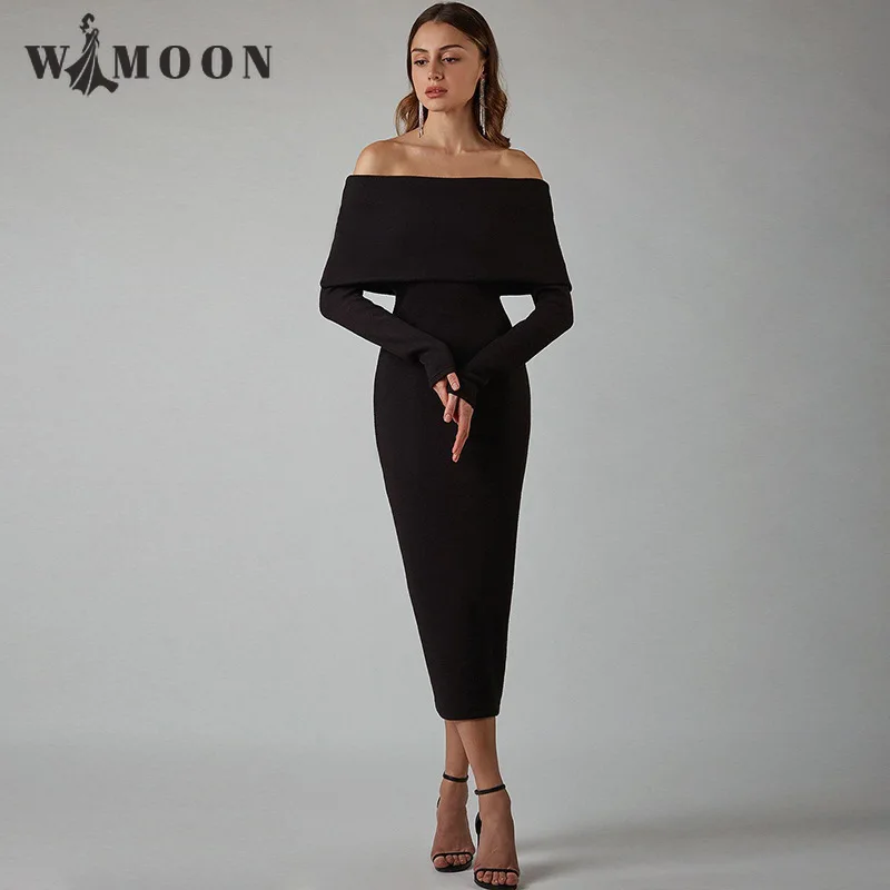 

Slash Neck Long Sleeve Dress 2021 Autumn Temperament Sexy Elegant Ankle-Length Bodycon Wedding Evening Woman Dress Party Robe