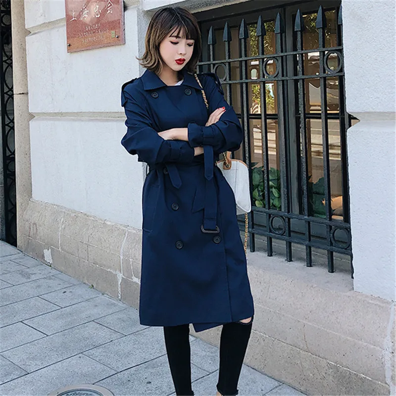 

Windbreaker Female 2019 Spring Autumn New Korean Leisure Double-breasted Loose Lady Harbor Wind Long Trench Coat For Women Blue