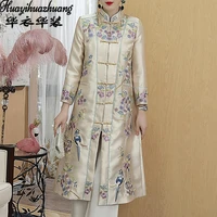 windbreaker womens mid length chinese style retro ethnic embroidery disc buckle tang suit over the knee slim cheongsam jacket