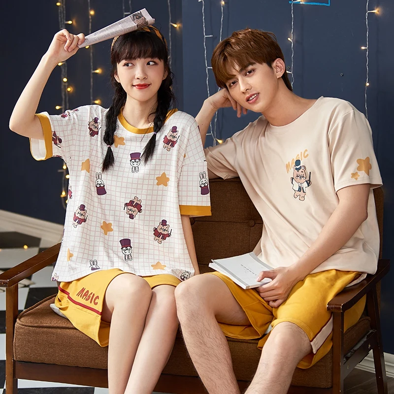 

Summer Couple Pajamas Sleepwear Loose Cotton Pyjamas Printing Women Men Shorts Homewear Lovers Nightgowns Korean Pajama Set