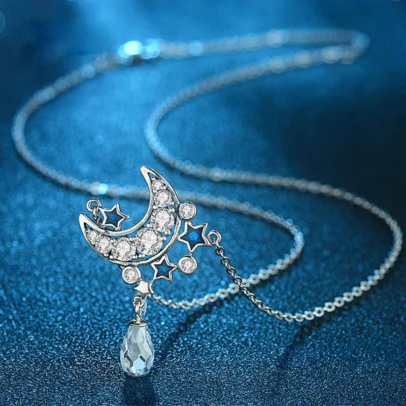 Женское ожерелье из серебра 100% пробы с подвеской в виде Луны и звезды|Ожерелья| |