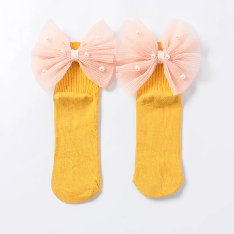 Yellow Новые носки для маленьких девочек с бантиками; хлопковые носки для малышей; носки принцессы с бисером для маленьких девочек; милые детские носки - Цвет: Yellow