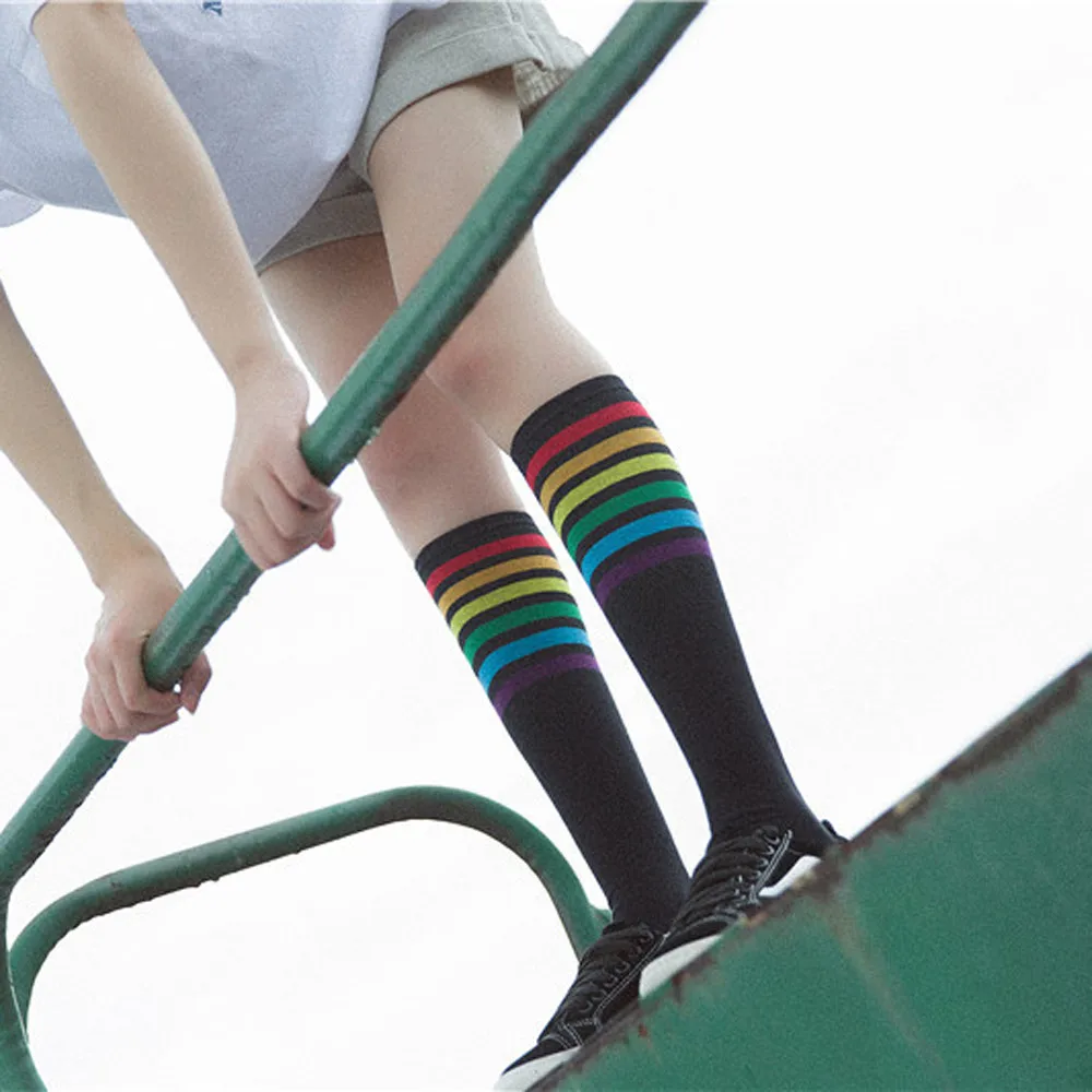 1Pair Women Thigh High Socks Over Knee Rainbow Stripe Girls Football Black White Long Sock | Женская одежда