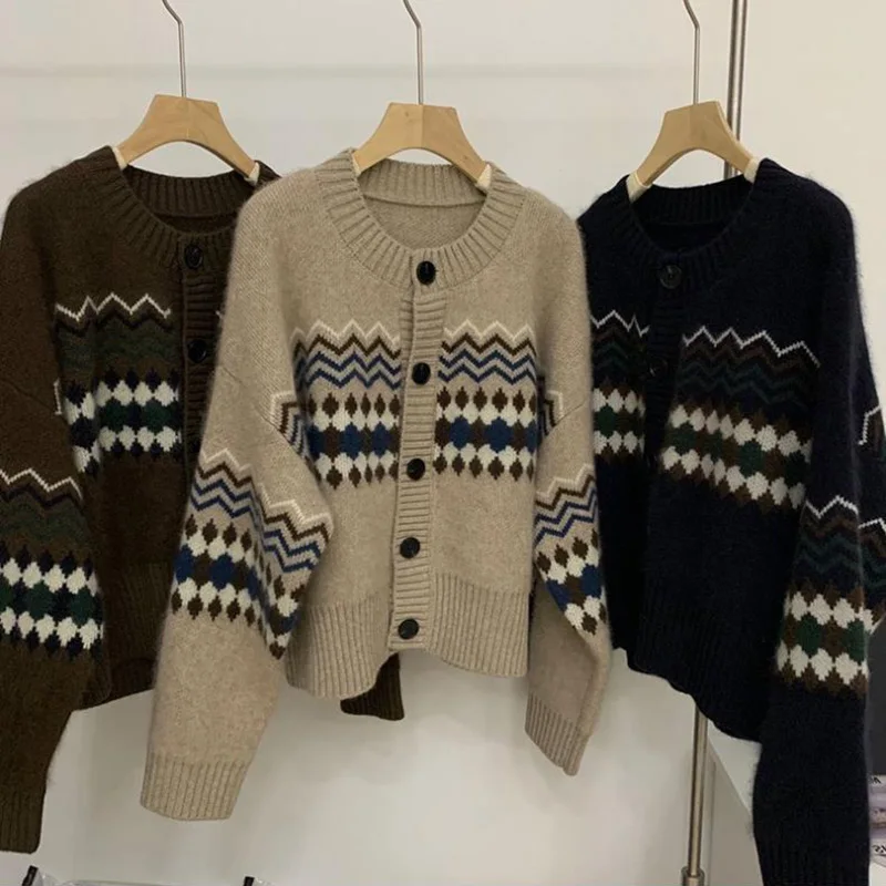 

Women's Knitted Cardigan Sweater Fashion Autumn Long-Sleeved Loose Jacket Casual Button Thick Round Neck Solid Color Blouse 2021