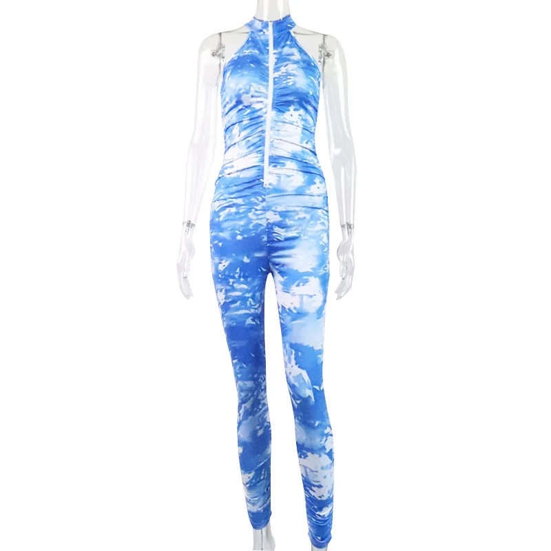 Printed Sexy Skinny Overall For Women Stand Collar Zipper Front Bodycon Rompers Party Club Sleeveless One Piece Jumpsuit