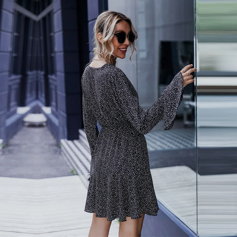 

Sexy V Neck Ruffles Dot Print Dress Women Casual Autumn Winter Flare Sleeve Slim Short Dress For Women 2021 New Fashion