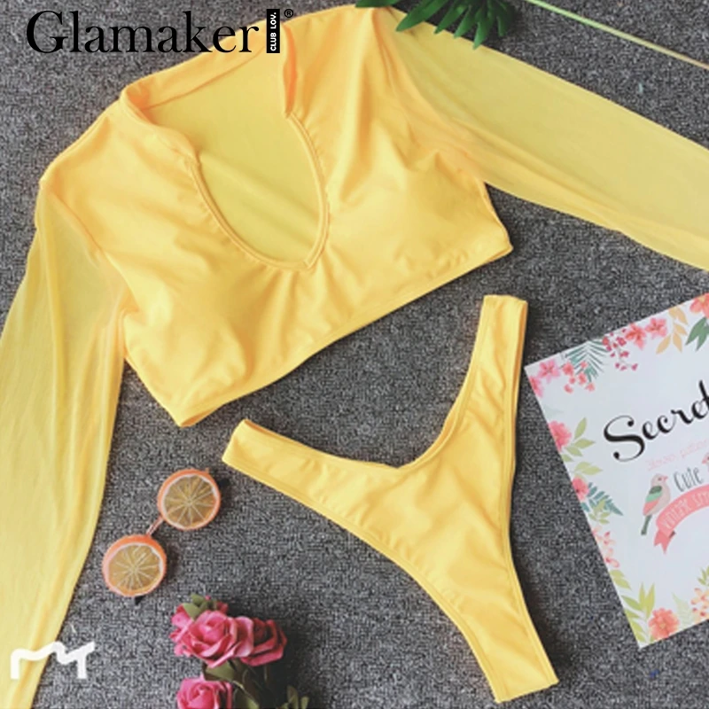 Glamaker, сексуальный купальник из двух частей с высоким вырезом, Женский сетчатый купальник с длинным рукавом, боди с пуш-ап, комбинезоны, сексуальные женские стринги, купальники - Цвет: Цвет: желтый