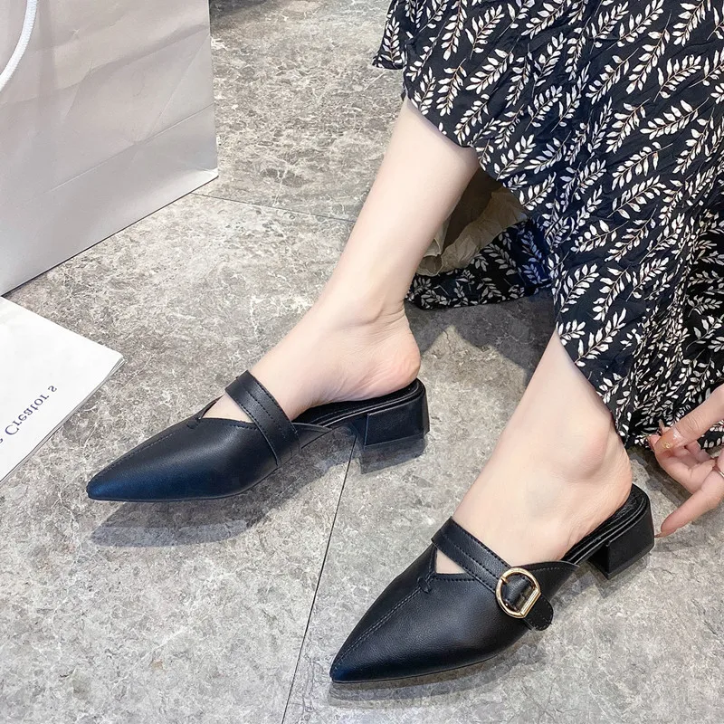 

Shoes Woman 2021 Slippers Soft Pointed Toe Med Square heel Pantofle Rivet Luxury Slides Comfort Summer Block New Cover Designer