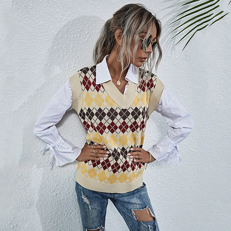 

AIBEILING V-neck Plaid knitted vest for women sweater