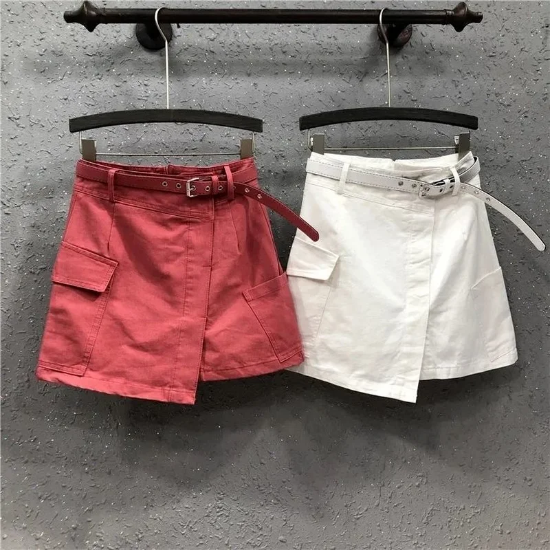 

Asymmetrical Denim Women Skirts Summer New 2021 Fashion High Waist Solid Mini Pocket Female Skirts Clothing Top Quality