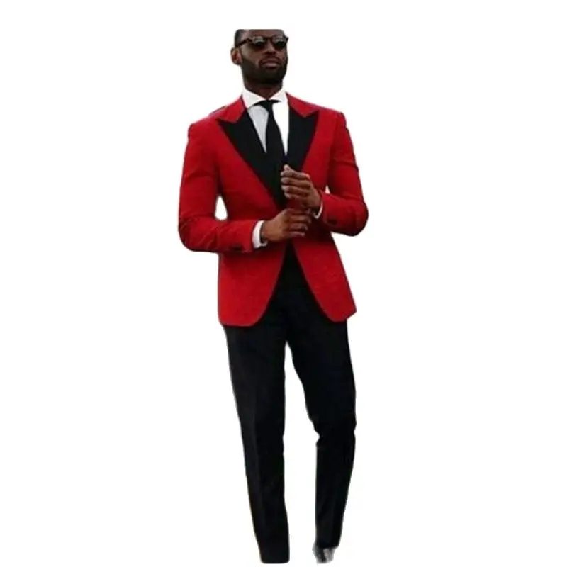 

MyLoddy Custom Made Cheap Red Wedding Groom Tuxedos 2 Piece Suits Black Peaked Lapel Slim Fit Groomsmen Suits (Jacket+Pants)