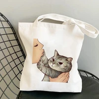 kawaii cat kiss a cat harajuku cartoon print shopping bags tote bag handbags shoulder bags casual girls fashion women canvas bag