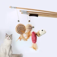 cartoon pet cat teaser toys feather wood rod mouse toy with mini bell cat catcher teaser wooden stick cat interactive toys