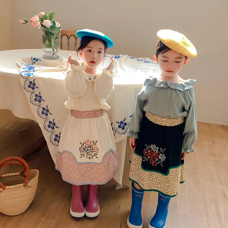 

2021 Spring New Girls Doll Collar Blouse Embroidery Short Skirt Long-sleeved Shirt Children's Blouse Short Skirt Suit