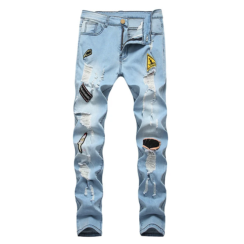

Streetwear Ripped Jeans Pants Men Clothing Slim Fit Stretch Hole Denim Pants Mens Trousers Blue Straight Motorcycle Jeans