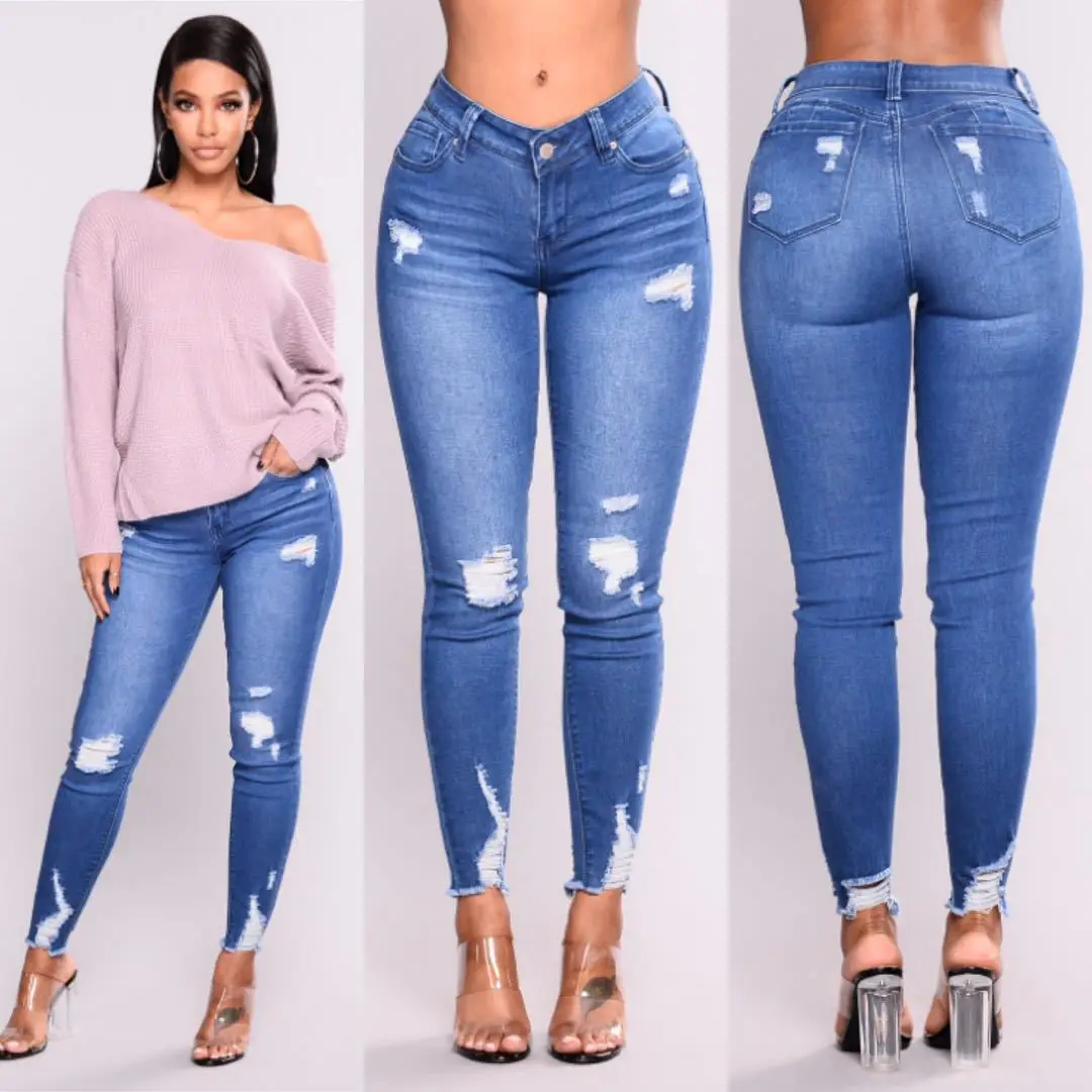 2021 Winter Women's Trend Ripped High Waist Stretch Jeans Street Woman Stretchy Jeans Fashion Jeans Slim Pencil Pants Trousers