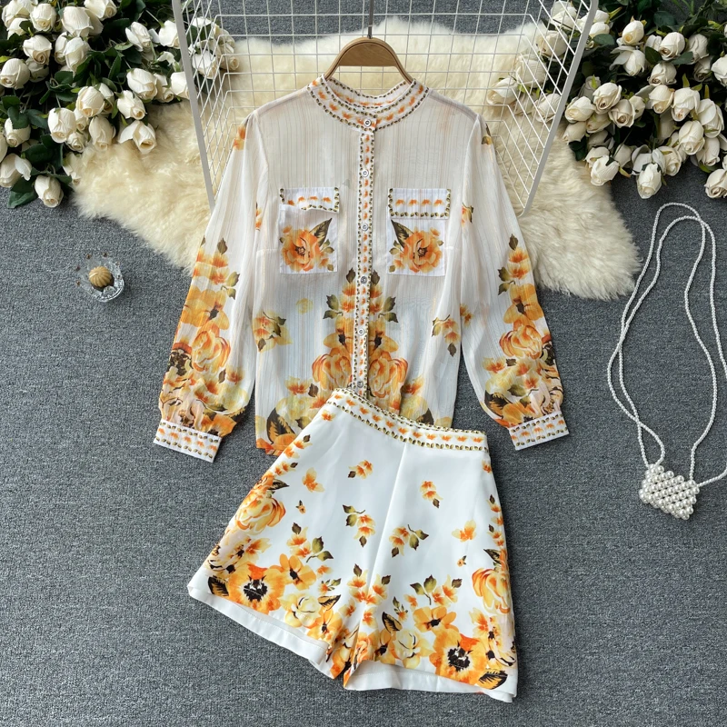 

Ladies temperament spring and summer thin long-sleeved shirt women wild high-waisted wide-leg shorts fashionable two-piece suit
