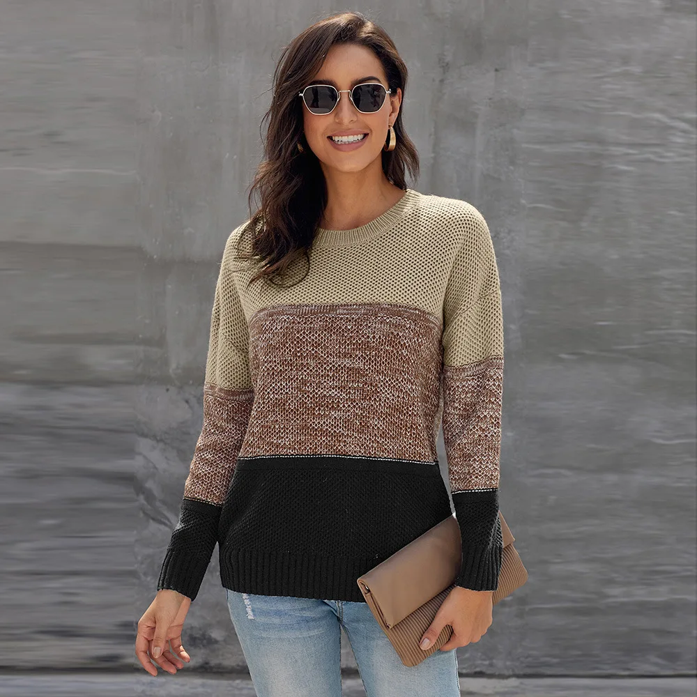 Женский трикотажный свитер контрастный пуловер с длинным рукавом и круглым