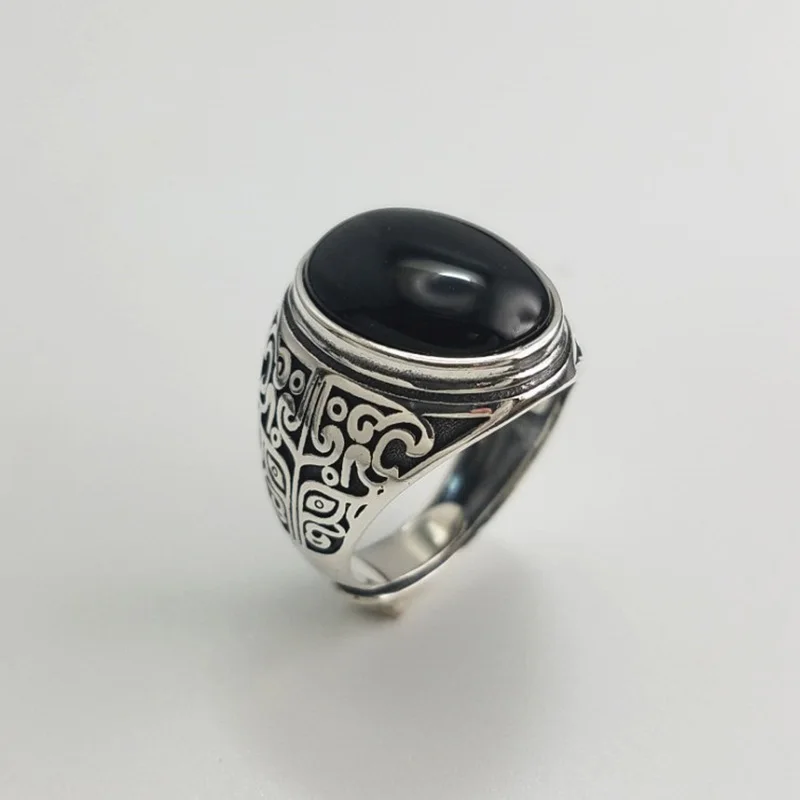 Настоящее чистое 925 пробы Серебряное черное кольцо с натуральный камень оникс