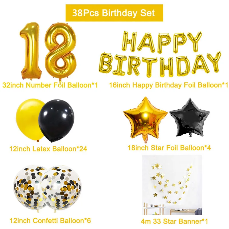38pcs Number 18 Birthday Balloons 18th Happy Years Old Party Decorations Gold And Black Boy Girl 81 81st Supplies | Дом и сад