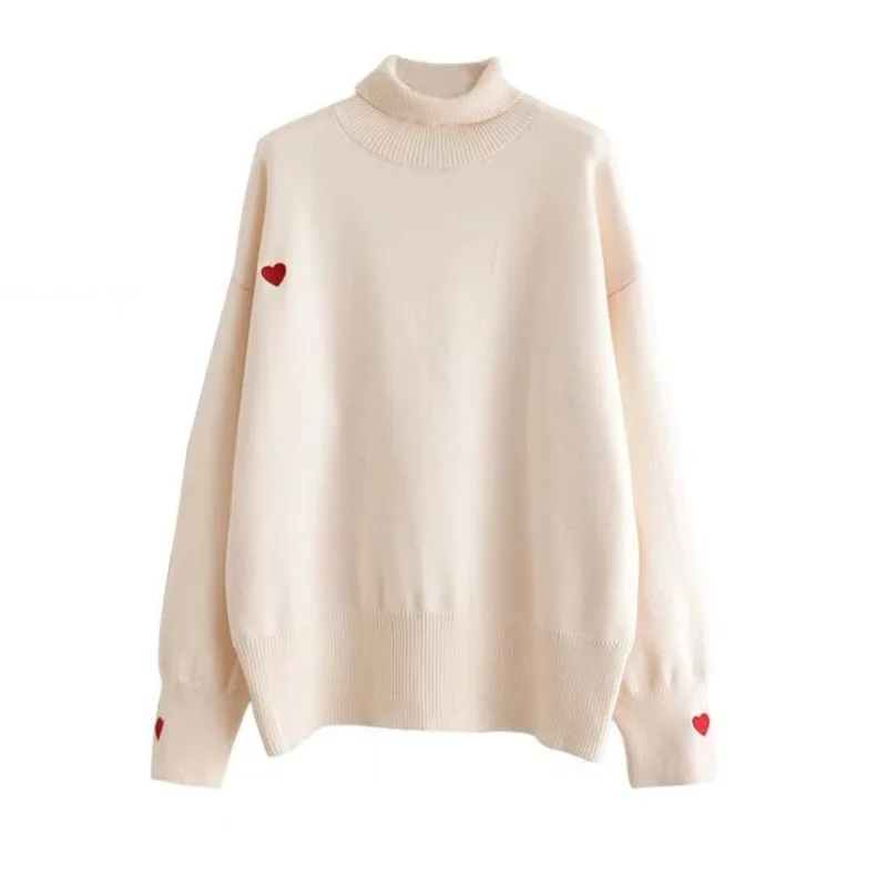 

XUXI Women Heart-shaped Embroidered Turtleneck Sweater, Bat Sleeve Knitted Sweater, Winter Clothing, Korean Top, New, E363
