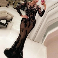 arabic black lace mermaid evening dresses 2019 long sleeve elegant woman formal prom party gowns robe de soiree