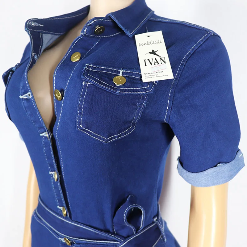 Summer Denim Jumpsuit For Women Blue Short Sleeve Shorts Rompers Fashion Elastic Lapel Button Slim Fit Ladies Vestidos |