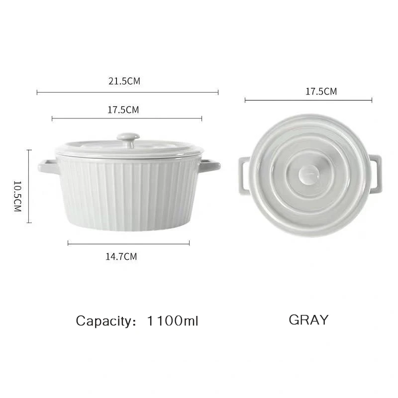 

Modern Minimalist Double Ear Ceramic Bowl with Lid Student Dormitory Home Salad Instant Noodle Bowl Microwave-heatable Stockpot