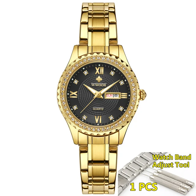 gold black Новинка WWOOR женские часы Топ люксовый бренд модные повседневные женские кварцевые наручные часы из нержавеющей стали Сетчатое платье часы для девочки - Цвет: gold black