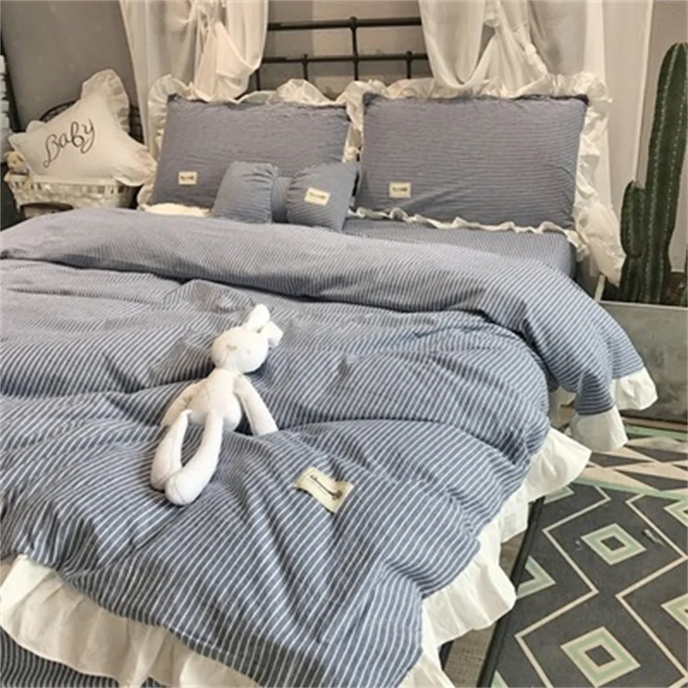 

Fresh Princess Style Bedding Set Pure Cotton Four-piece Set Striped Lotus Leaf Lace Duvet Cover Bed Sheet Pillowcase Simplicity