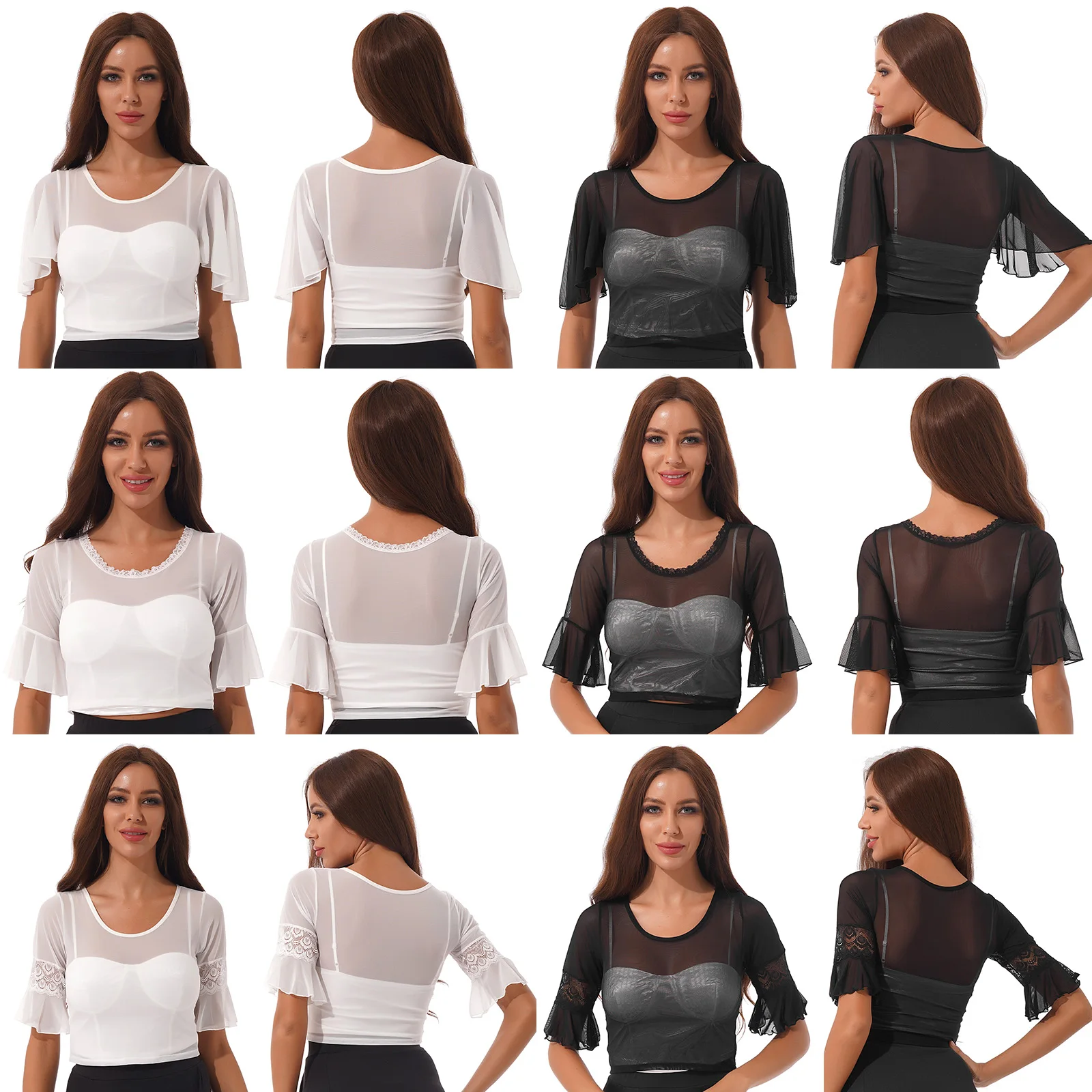 Женский прозрачный сетчатый кроп-топ с расклешенными рукавами повседневная