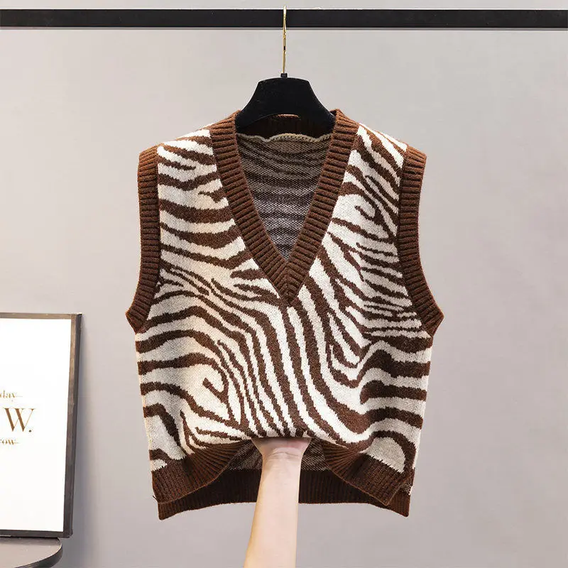

Women Sweater Vest Zebra-striped Fashion Knitted Street Spring Autumn Casual Warm Preppy Loose Jumpers Harajuku Female Teens