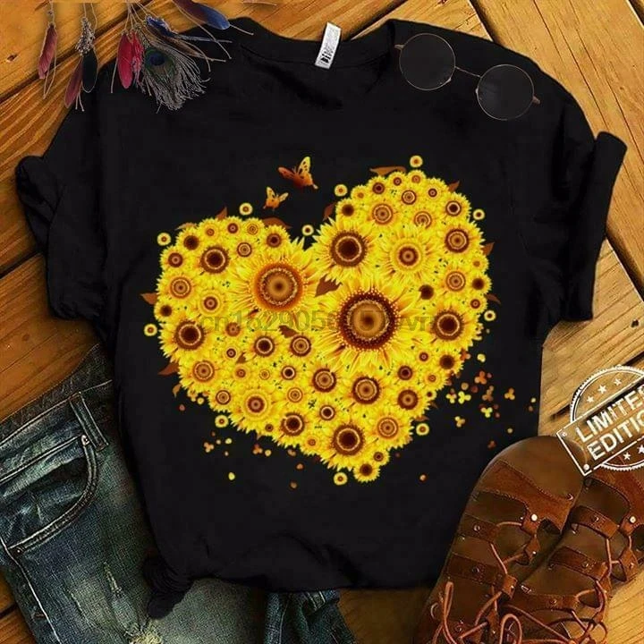 Подсолнухи в форме сердца дамы футболка хлопок S-3XL | Мужская одежда