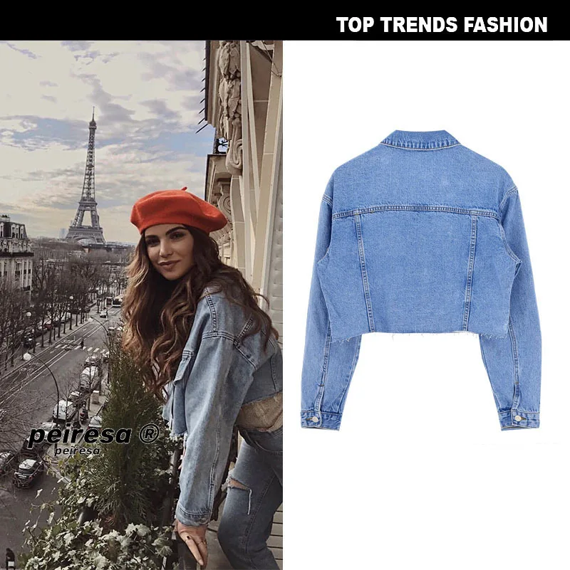 

Peiresa-Denim Jacket Women Long Sleeve Pockets Single-Breasted Lapel Denim Jacket Sexy Casual Motorcycle Denim Jacket 2021Autumn