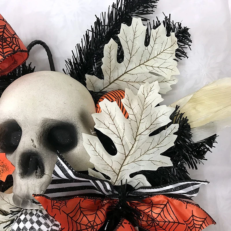 Decoraci&oacute;n de calavera de esqueleto de Halloween, adorno colgante de hoja de arce de calabaza, corona de puerta, decoraci&oacute;n de pared interior-4