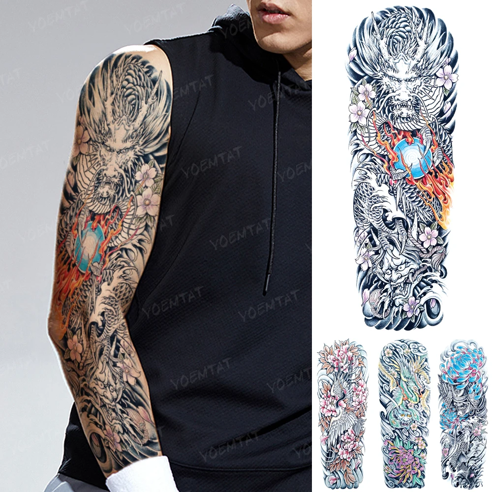 

Large Fake Sleeve Transfer Waterproof Temporary Tattoo Sticker Dragon Flame Prajna Wave Traditional Tatto Arm Body Art Women Men