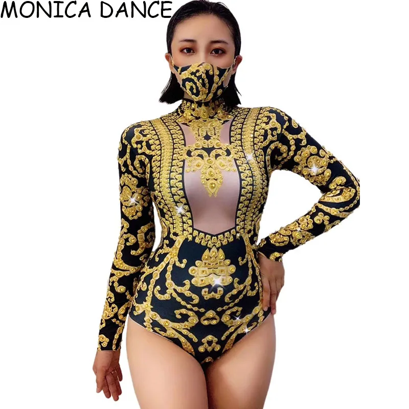 Sexy Bodysuit Black Gold Rhinestone 3d Printed Bodysuit Festival Birthday Celebrate Outfit Prom Women Dance Show Stage Wear