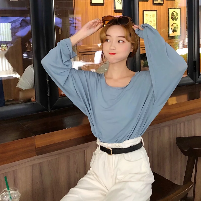 

HENCHIRY 2021 Spring Summer New Women's Top Thin Long Sleeve Casual Loose T-shirt Straight Collar Solid Color Sunscreen Clothes