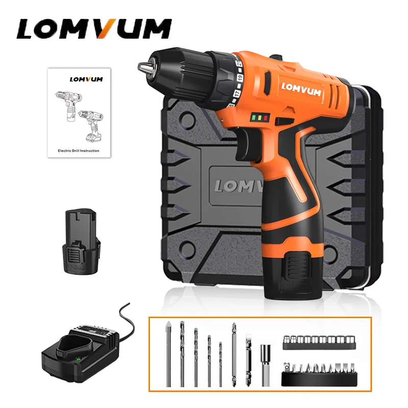 12 PC 2 Battery LOMVUM 2 скоростная электрическая дрель Водонепроницаемая перезаряжаемая электрическая отвертка многофункциональные электроинструменты Мини аккумуляторная дрель - Цвет: 12 PC 2 Battery