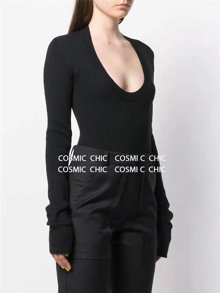 Cosmicchic Women Long Sleeve Knitted Wool Bodysuit Autumn Winter O Neck Sexy Bodycon Top Quality Party Club Solid Body