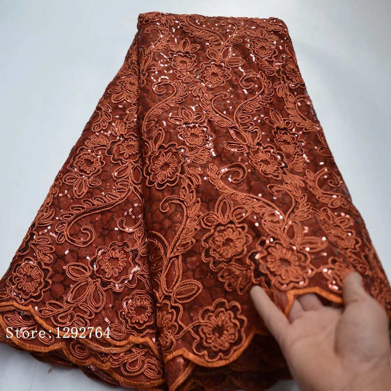 

Latest burnt orange African Embroidery Tulle Lace Fabric 2021 High Quality French Net Lace Fabric With Sequins TS9779