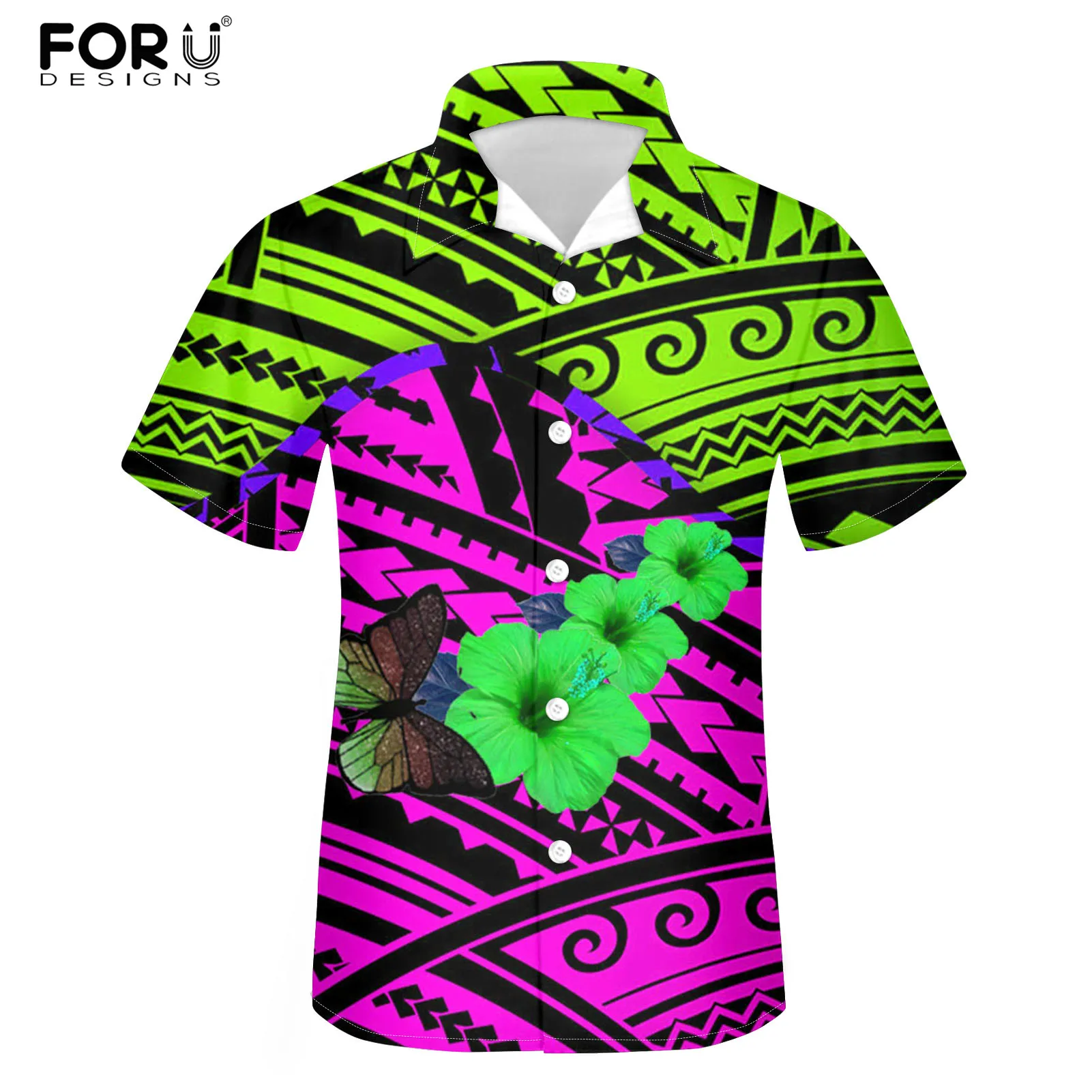 

FORUDESIGNS Polynesian Ethnic Hibiscus Butterfly Male Casual Shirt Button Short Sleeve Men's Top Shirt Holiday Breathale Blouse