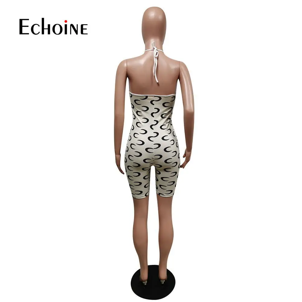 

Echoine Summer Women Playsuit Print Sleeveless Halter Hollow Out Strechy Bodycon Playsuits Casual Rompers One Piece Overalls