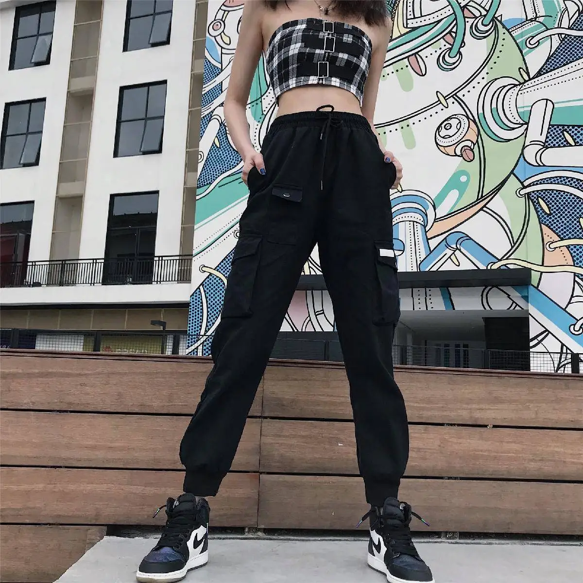 Джоггеры с лентами и карманами в японском стиле брюки карго шаровары уличная