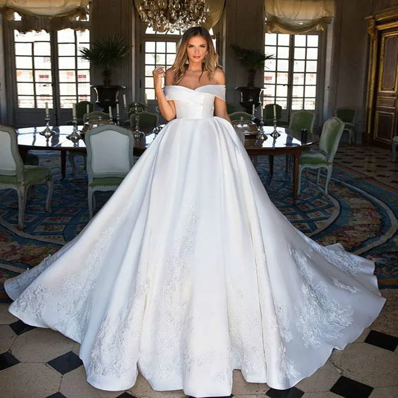 

Wedding Dresses V Neck Luxury Ball Gown Satin Off Shoulder Elegant Princess Bridal Dress Vestido Robe De Mariee Noiva Brautkleid