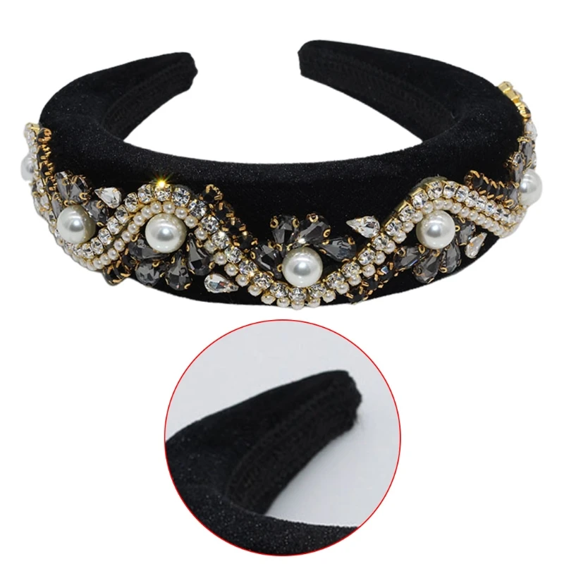 

Exaggerated Women Sponge Padded Headband Wavy Faux Pearl Rhinestone Hair Hoop Velvet Shiny Jewelry Geometric Bandana